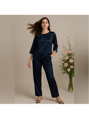 Real silk life navy chic 100% mulberry silk pajama set size L 05